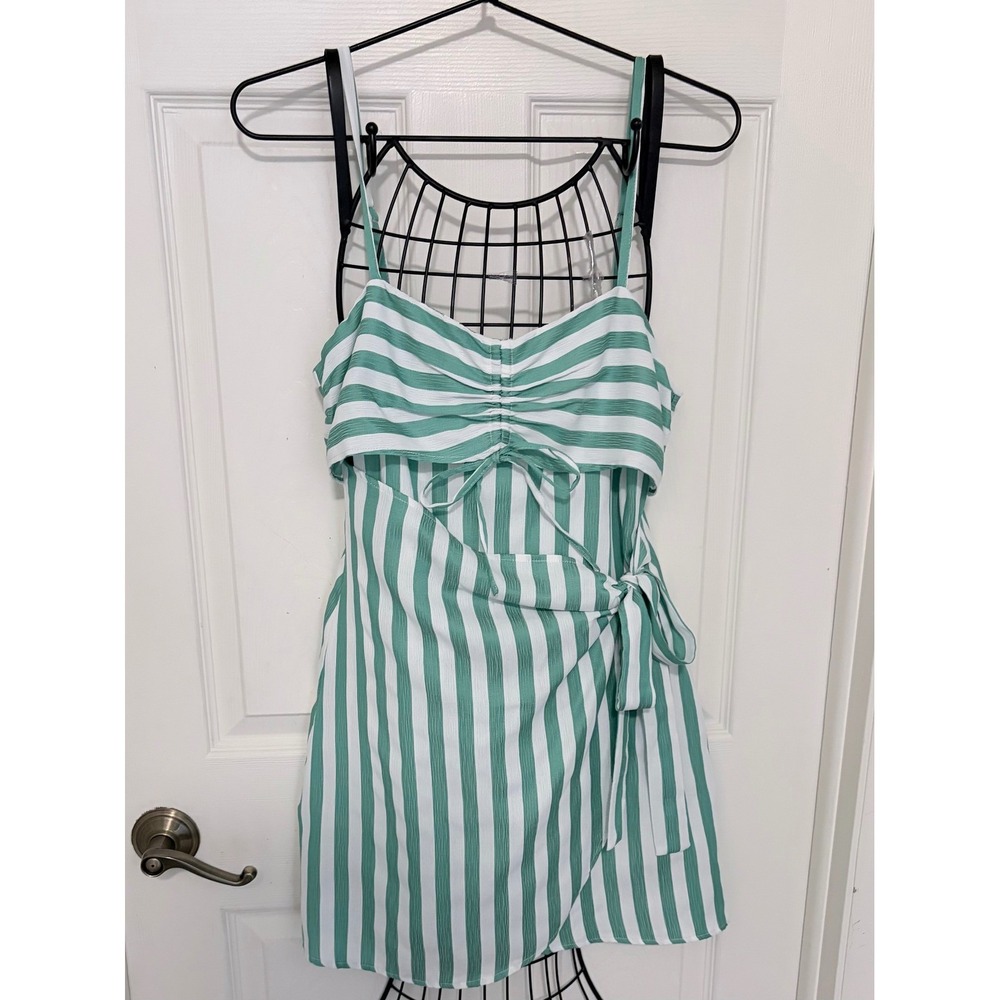 Le Lis Women's Medium Green White Striped Ruched Wrap Mini Dress Euro Summer